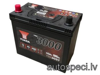 Akumulators 45Ah Yuasa 400A 12V, augstais ar kreiso plusu (reverss)