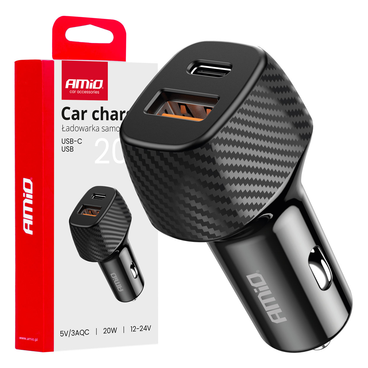 12/24 V automašīnas lādētājs QC+PD 20 W USB-A + USB-C AMIO-04282 12/24 V automašīnas lādētājs QC+PD 20 W USB-A + USB-C AMIO-04282