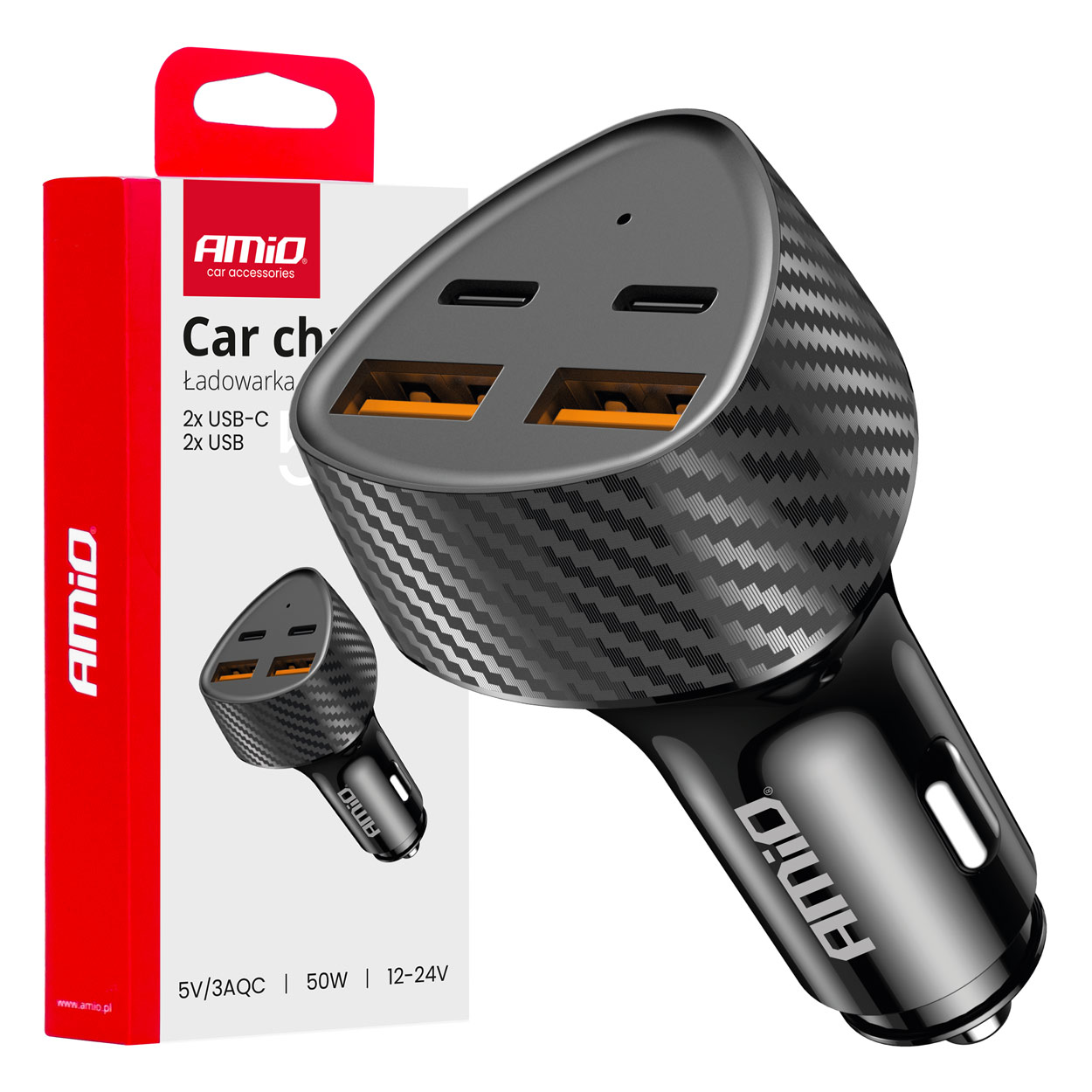 12/24 V automašīnas lādētājs 50 W 2xUSB-A + 2xUSB-C AMIO-04284 12/24 V automašīnas lādētājs 50 W 2xUSB-A + 2xUSB-C AMIO-04284