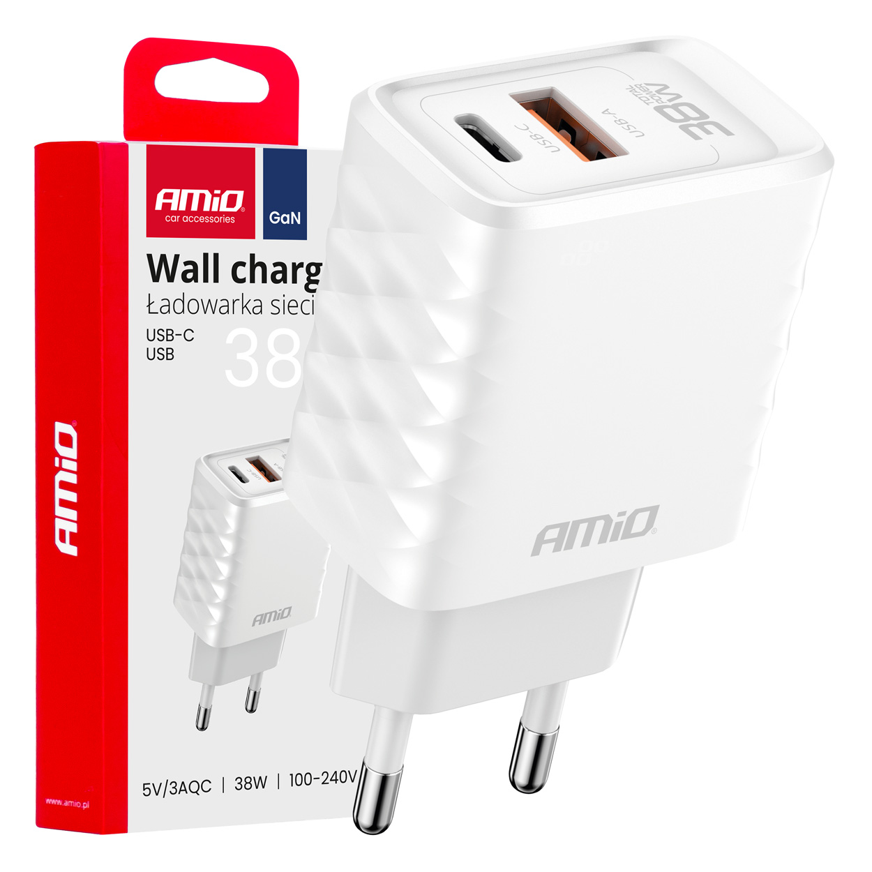 Sienas lādētājs Ātrais lādētājs GaN 38W USB-A + USB-C AMIO-04287 Sienas lādētājs Ātrais lādētājs GaN 38W USB-A + USB-C AMIO-04287