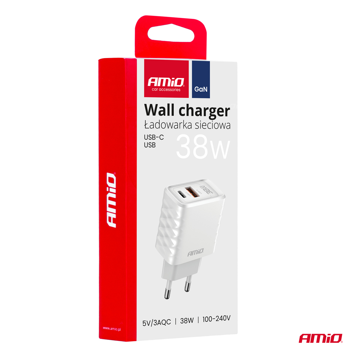 Sienas lādētājs Ātrais lādētājs GaN 38W USB-A + USB-C AMIO-04287 Sienas lādētājs Ātrais lādētājs GaN 38W USB-A + USB-C AMIO-04287 - Image 5