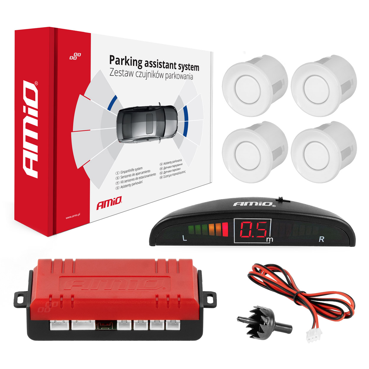 Parkošanās palīgsistēmas LED 4 sensori, baltā krāsā AMIO-01566 Parkošanās palīgsistēmas LED 4 sensori, baltā krāsā AMIO-01566