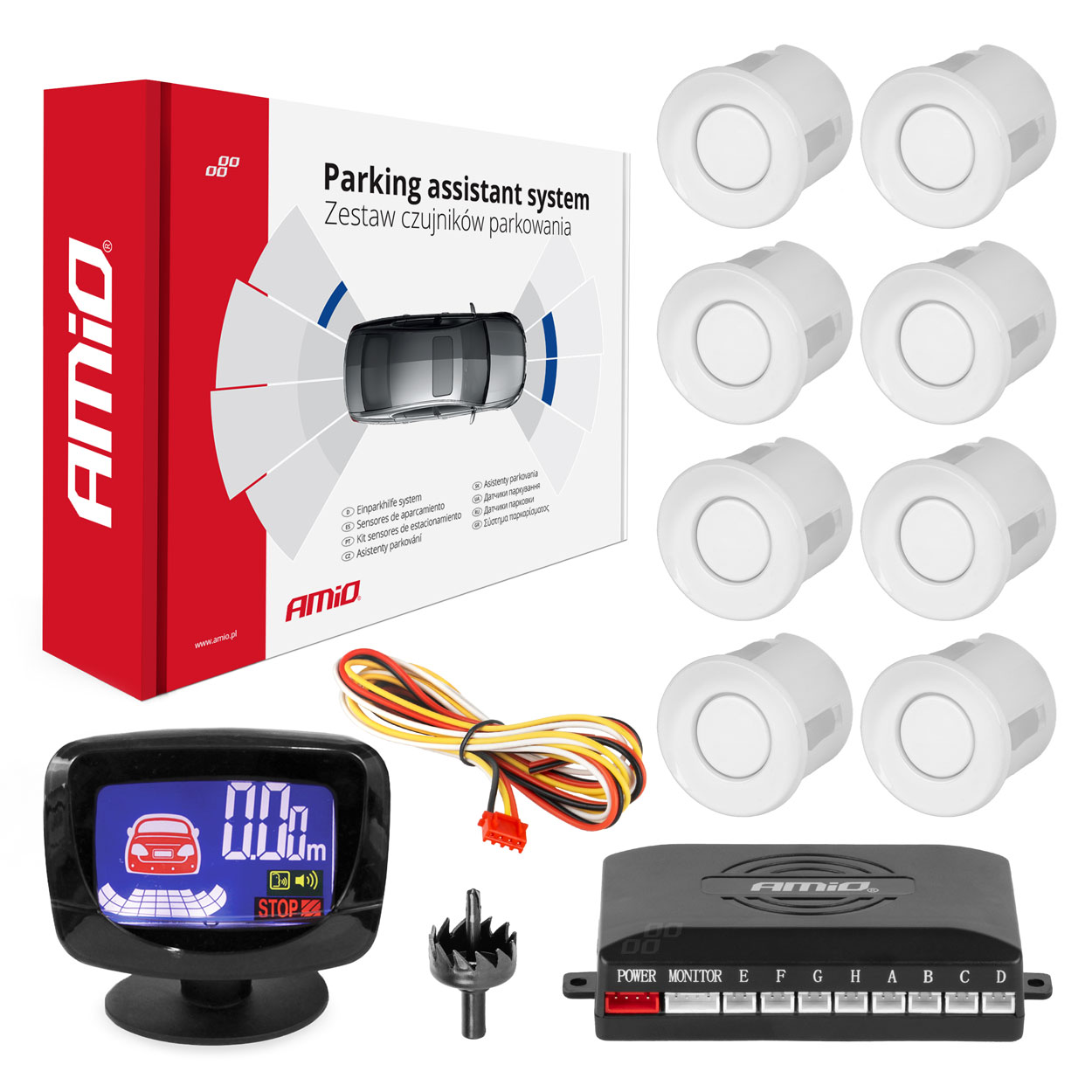 Parkošanās palīgsistēma LED-GRAF 8 sensors, balta AMIO-01600 Parkošanās palīgsistēma LED-GRAF 8 sensors, balta AMIO-01600