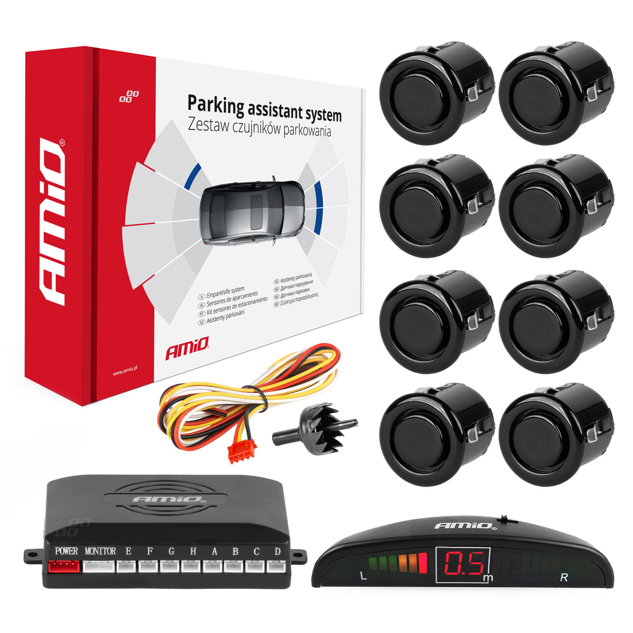 Parkošanās palīgsistēma LED 8 sensori melna "GOLD" 18mm AMIO-01603 Parkošanās palīgsistēma LED 8 sensori melna "GOLD" 18mm AMIO-01603