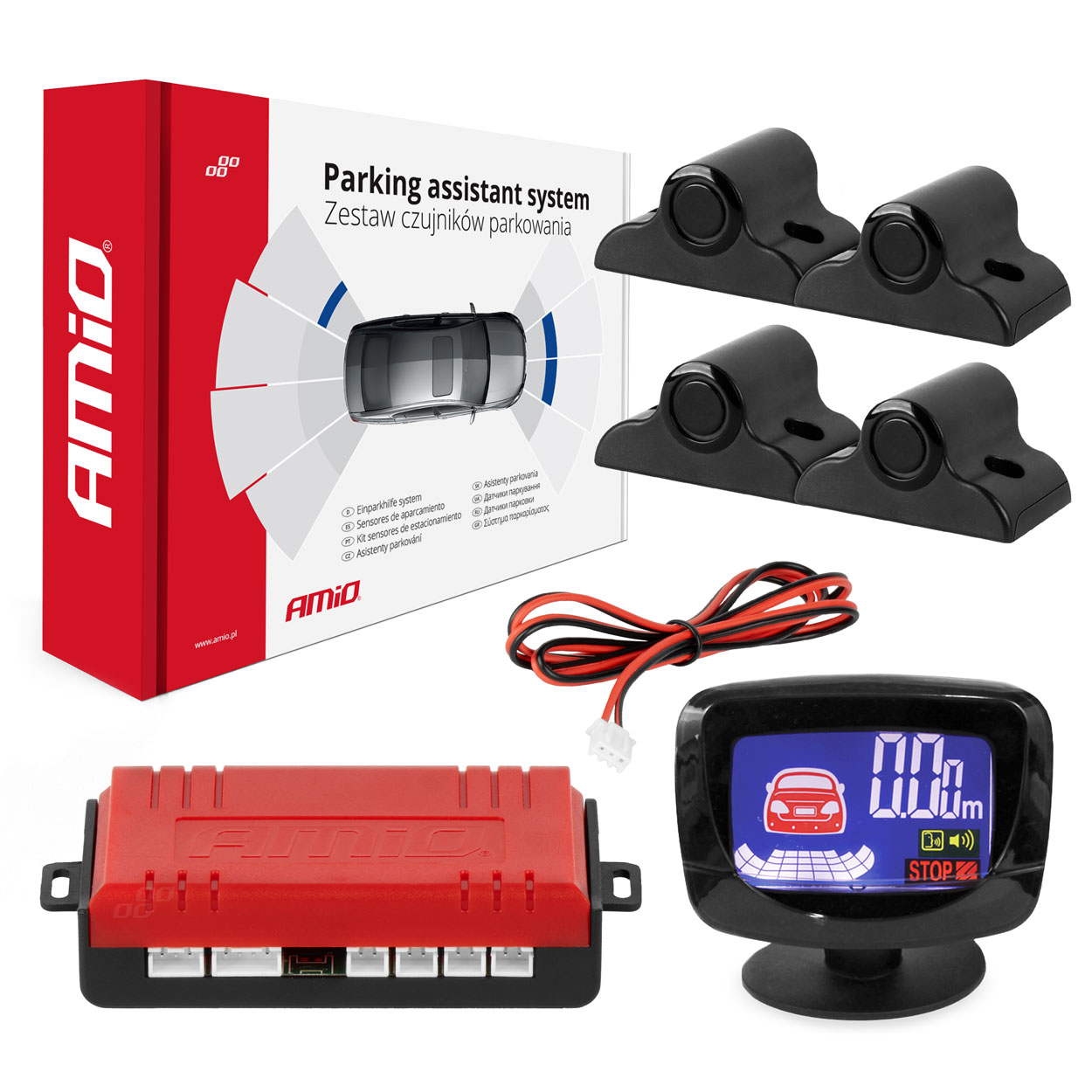 Parkošanās palīgsistēma LED-GRAF 4 sensori melna TRUCK 19mm AMIO-02280 Parkošanās palīgsistēma LED-GRAF 4 sensori melna TRUCK 19mm AMIO-02280