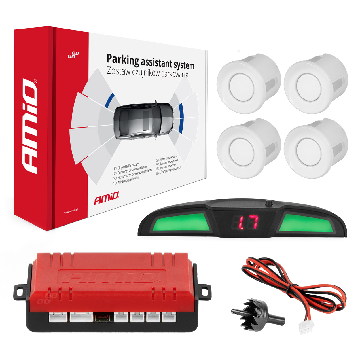Parkošanās palīgsistēma LED COB 4 sensori baltā krāsā AMIO-02283 Parkošanās palīgsistēma LED COB 4 sensori baltā krāsā AMIO-02283