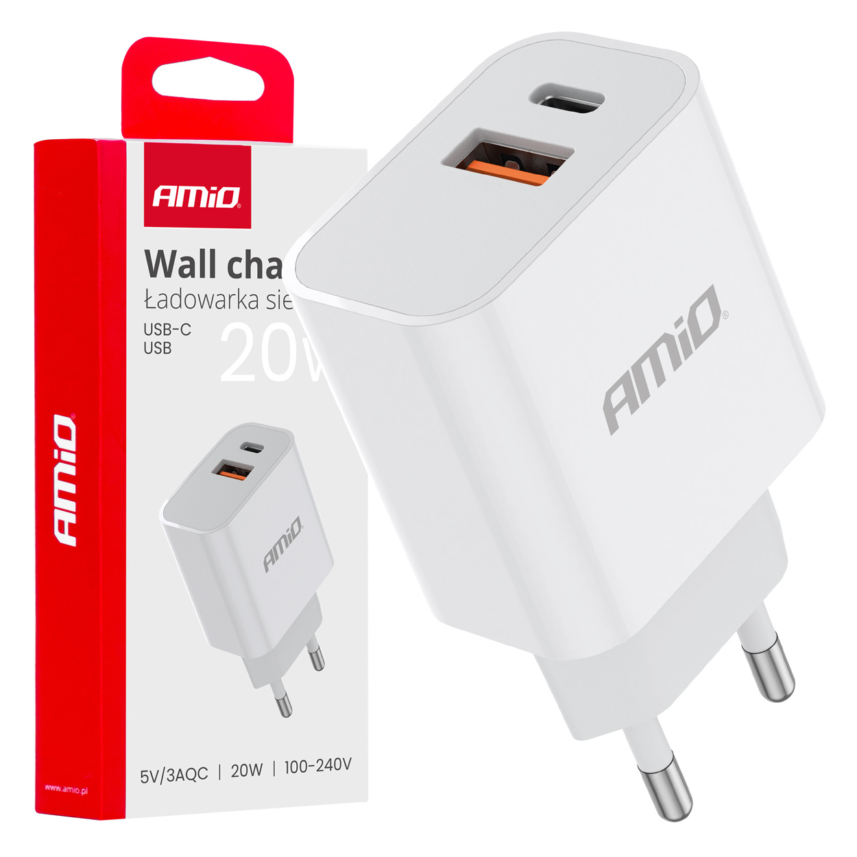 Sienas lādētājs PCH PRO-09 USB+USB-C 20W Ātrā uzlāde 230V AMIO-02935 Sienas lādētājs PCH PRO-09 USB+USB-C 20W Ātrā uzlāde 230V AMIO-02935