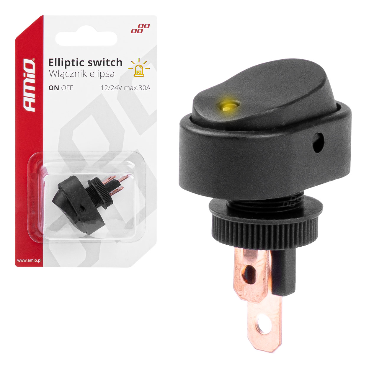 Elipsveida slēdzis ar dzeltenu gaismu 12/24V max 30A IESLĒGTS/IZSLĒGTS AMIO-03088 Elipsveida slēdzis ar dzeltenu gaismu 12/24V max 30A IESLĒGTS/IZSLĒGTS AMIO-03088