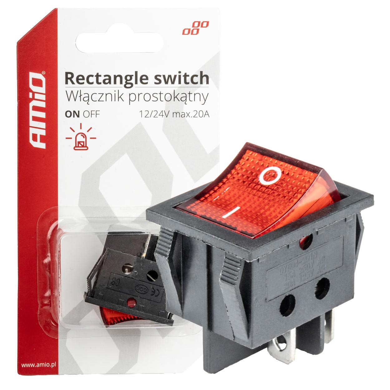 Taisnstūra slēdzis 12V/230V (ar sarkanu gaismu) BU02 AMIO-03613 Taisnstūra slēdzis 12V/230V (ar sarkanu gaismu) BU02 AMIO-03613