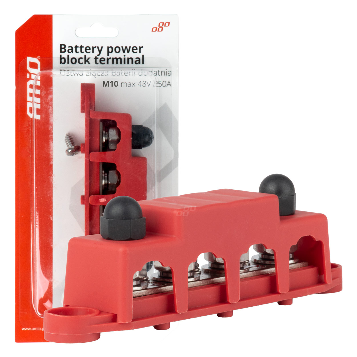 Zemējuma sadales bloks plus kopne M10 12V - 48V 250A AMIO-03812 Zemējuma sadales bloks plus kopne M10 12V - 48V 250A AMIO-03812