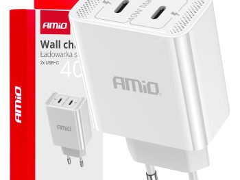 Sienas lādētājs 2xUSB-C 40W Ātrā uzlāde 230V AMIO-03892