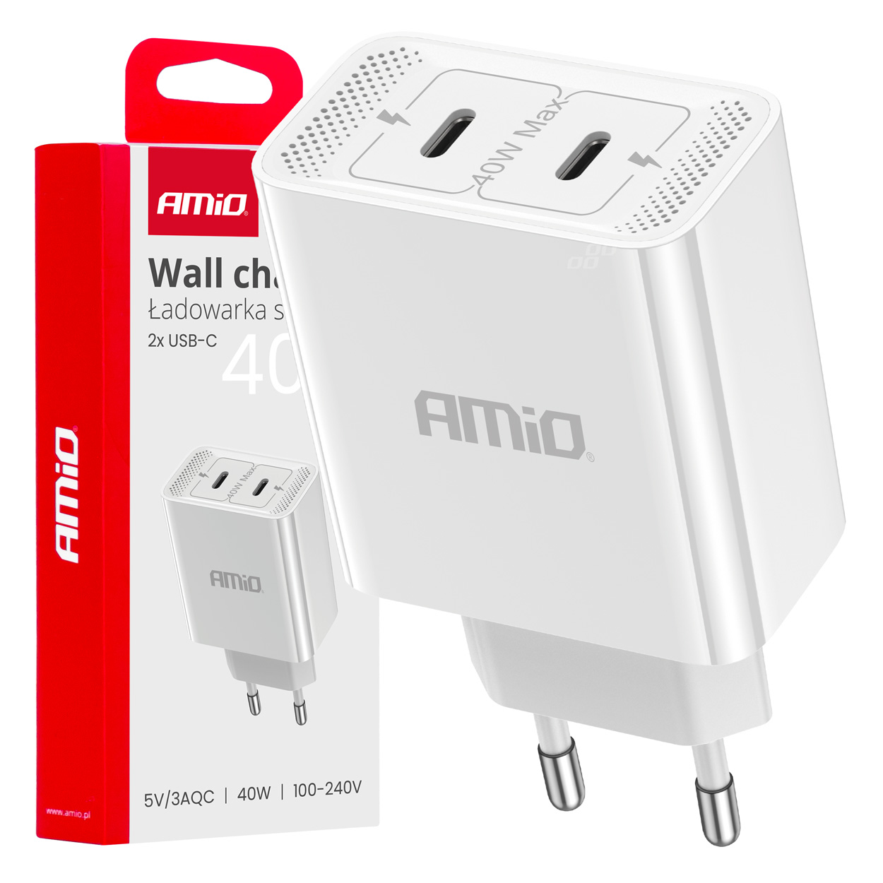 Sienas lādētājs 2xUSB-C 40W Ātrā uzlāde 230V AMIO-03892 Sienas lādētājs 2xUSB-C 40W Ātrā uzlāde 230V AMIO-03892