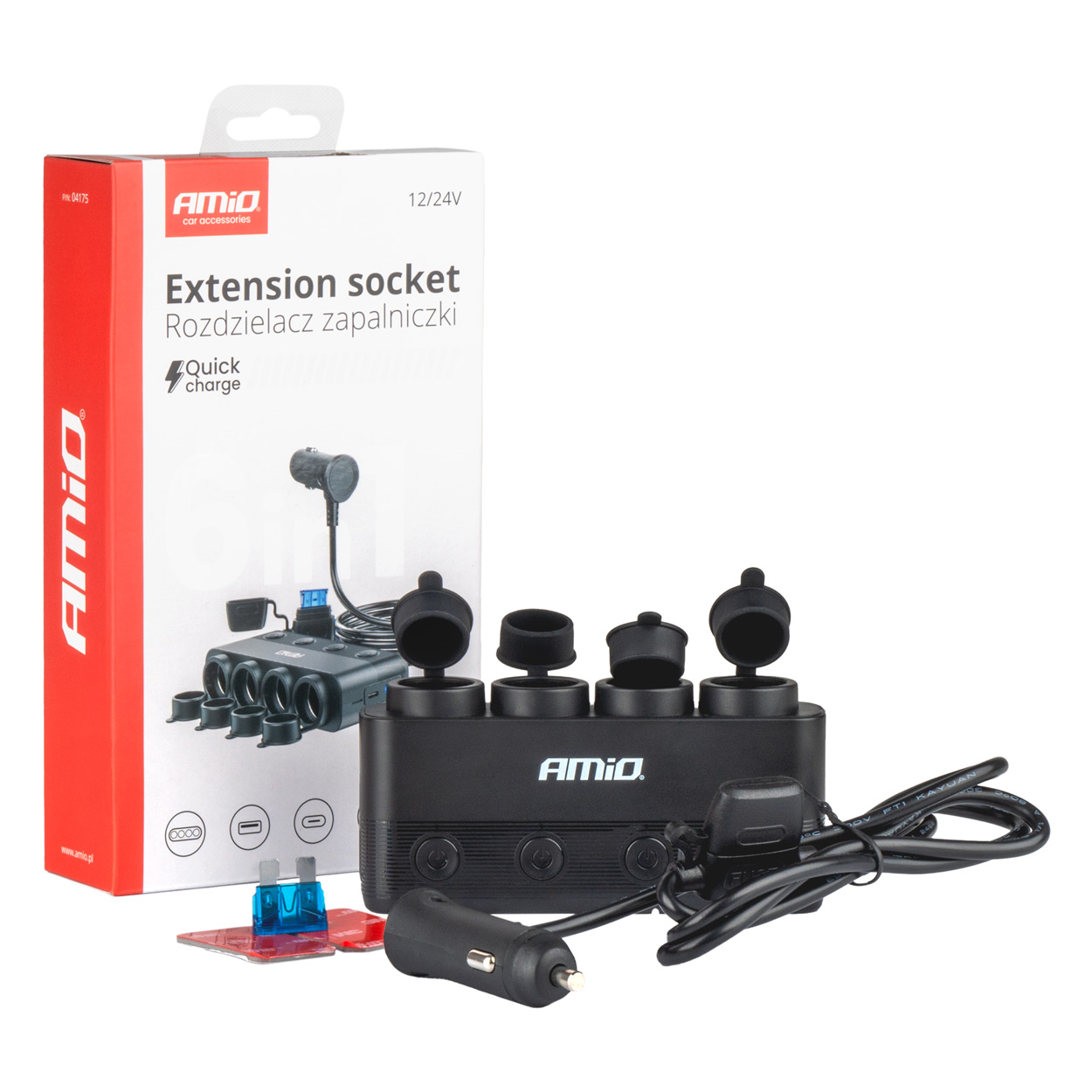 Četrkārša pagarinātāja kontaktligzda PD30W QC3.0 12/24V max 216W AMIO-04175 Četrkārša pagarinātāja kontaktligzda PD30W QC3.0 12/24V max 216W AMIO-04175
