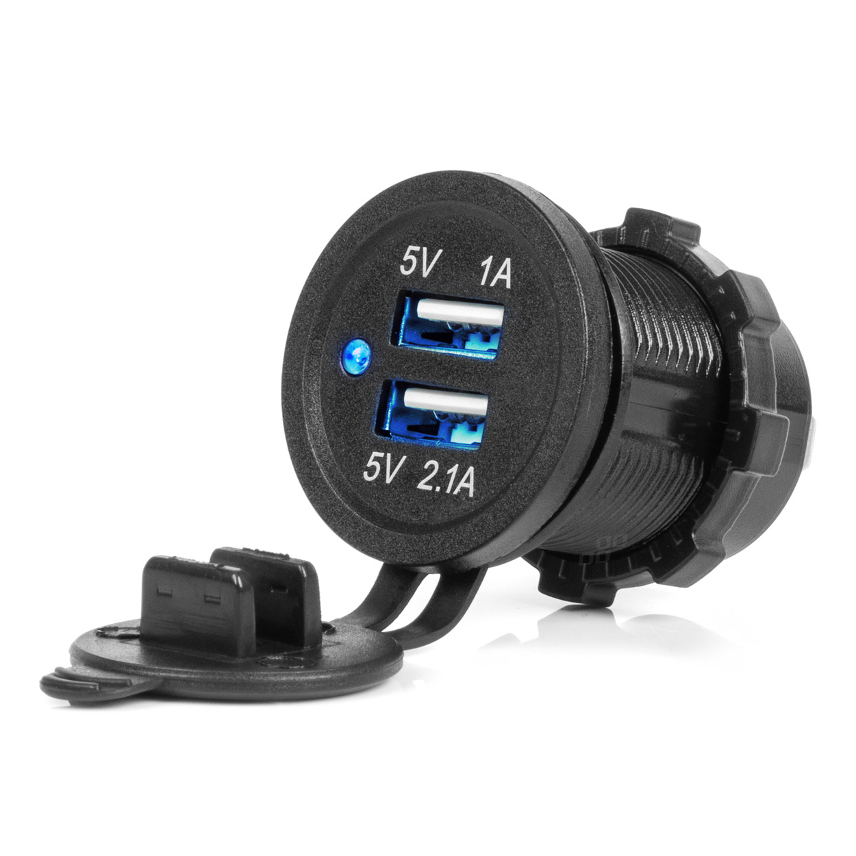 Ūdensizturīgs tālruņa lādētājs ar ZILU LED indikatoru 3.1A 2xUSB 12/24V AMIO-04216 Ūdensizturīgs tālruņa lādētājs ar ZILU LED indikatoru 3.1A 2xUSB 12/24V AMIO-04216
