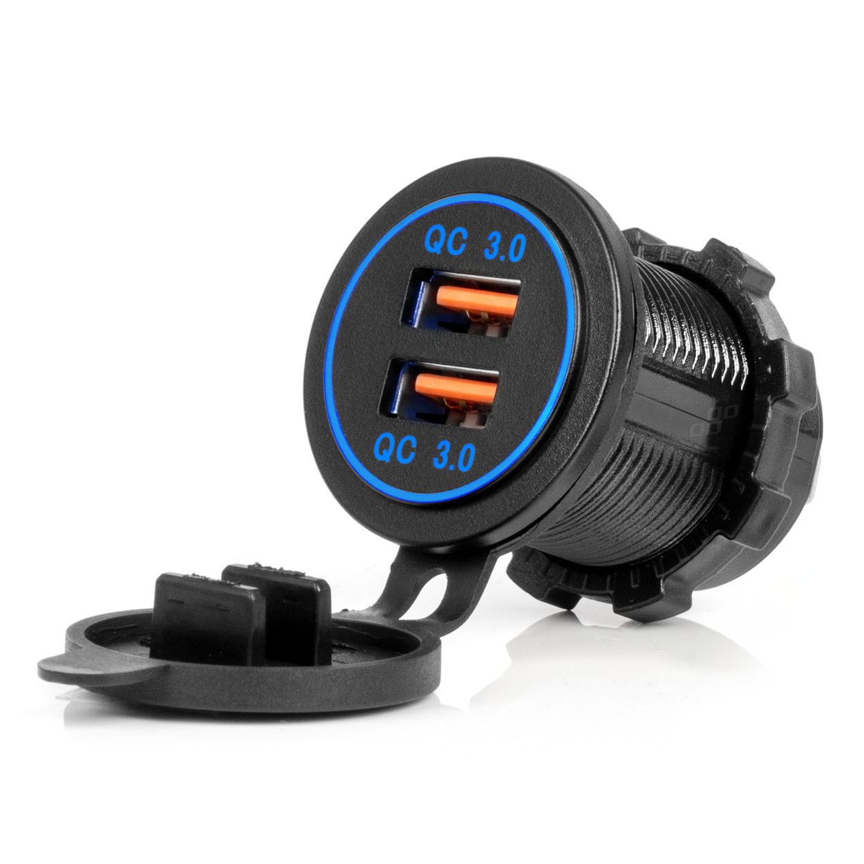 Ūdensizturīgs tālruņa lādētājs ar ZILU LED fona apgaismojumu 2xUSB QC3.0 12/24V AMIO-04218 Ūdensizturīgs tālruņa lādētājs ar ZILU LED fona apgaismojumu 2xUSB QC3.0 12/24V AMIO-04218