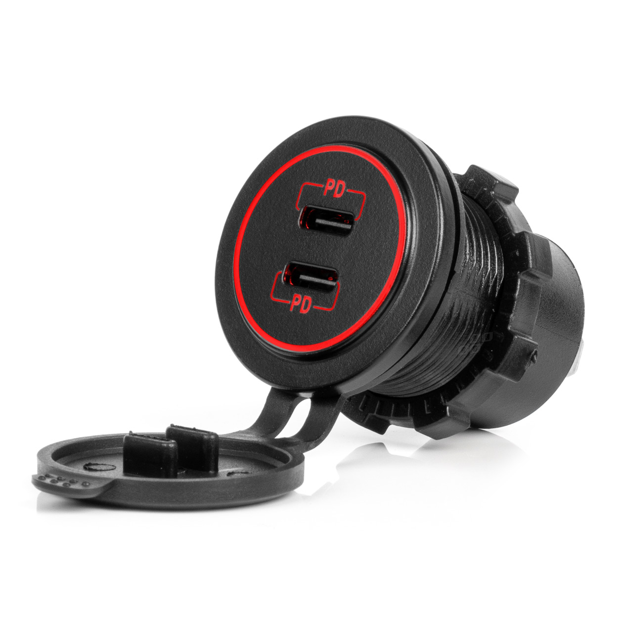 Ūdensizturīgs tālruņa lādētājs ar SARKANU LED fona apgaismojumu 2xUSB C 12/24V AMIO-04223 Ūdensizturīgs tālruņa lādētājs ar SARKANU LED fona apgaismojumu 2xUSB C 12/24V AMIO-04223