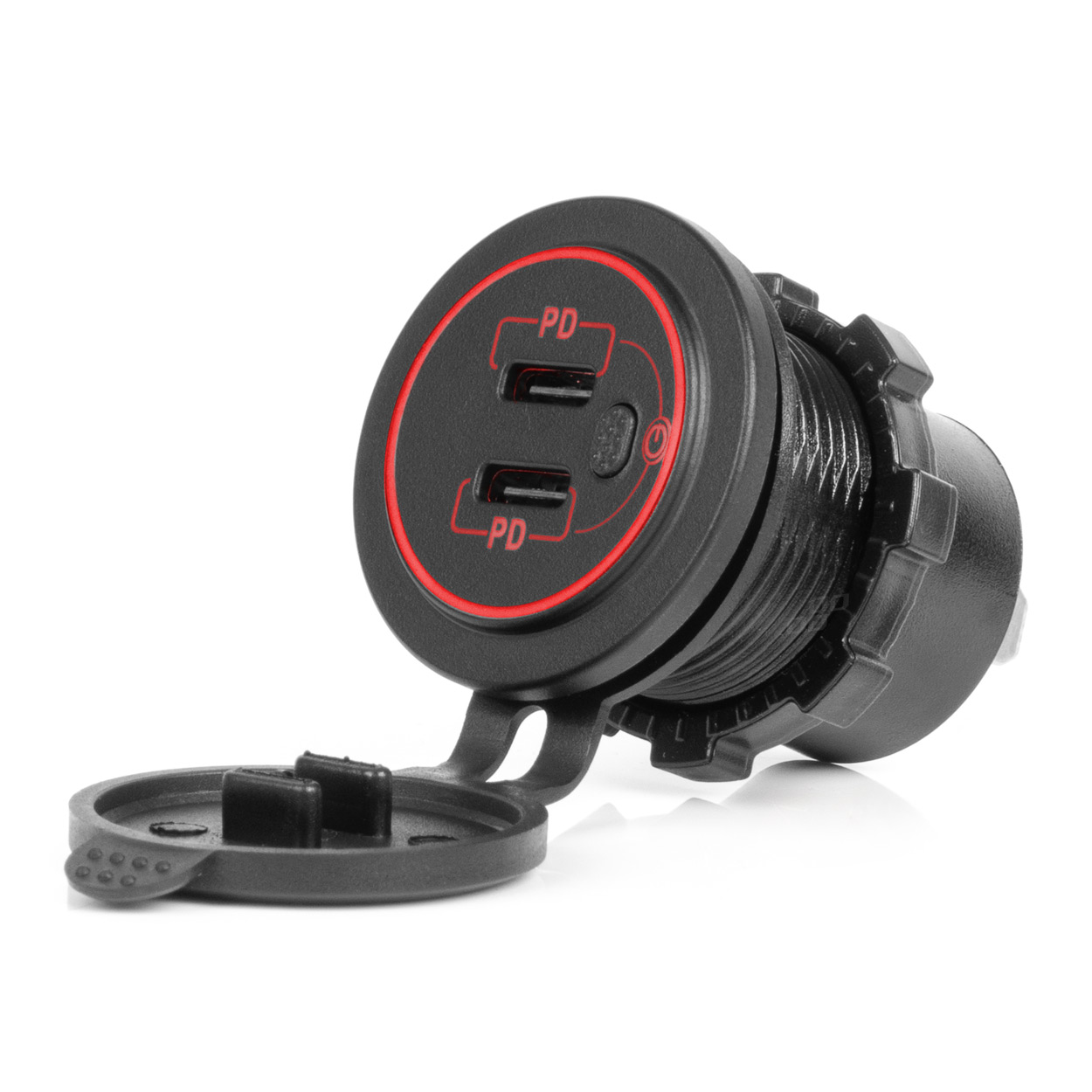 Ūdensizturīgs tālruņa lādētājs ar slēdzi, sarkanu LED fona apgaismojumu, 2xUSB C 12/24V AMIO-04224 Ūdensizturīgs tālruņa lādētājs ar slēdzi, sarkanu LED fona apgaismojumu, 2xUSB C 12/24V AMIO-04224