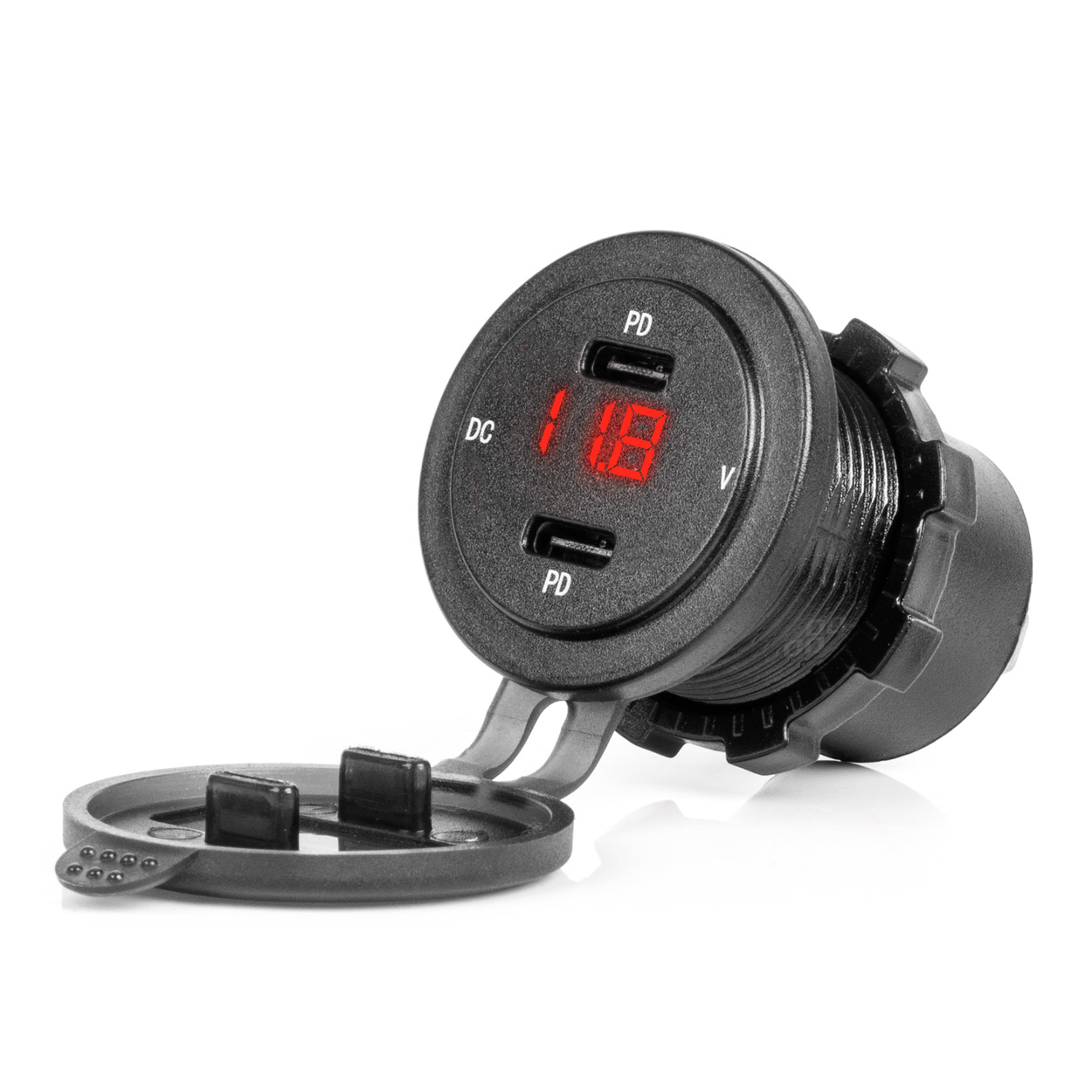 Ūdensizturīgs tālruņa lādētājs ar SARKANU LED indikatoru, digitālais voltmetrs, 2xUSB C 12/24V AMIO-04225 Ūdensizturīgs tālruņa lādētājs ar SARKANU LED indikatoru, digitālais voltmetrs, 2xUSB C 12/24V AMIO-04225