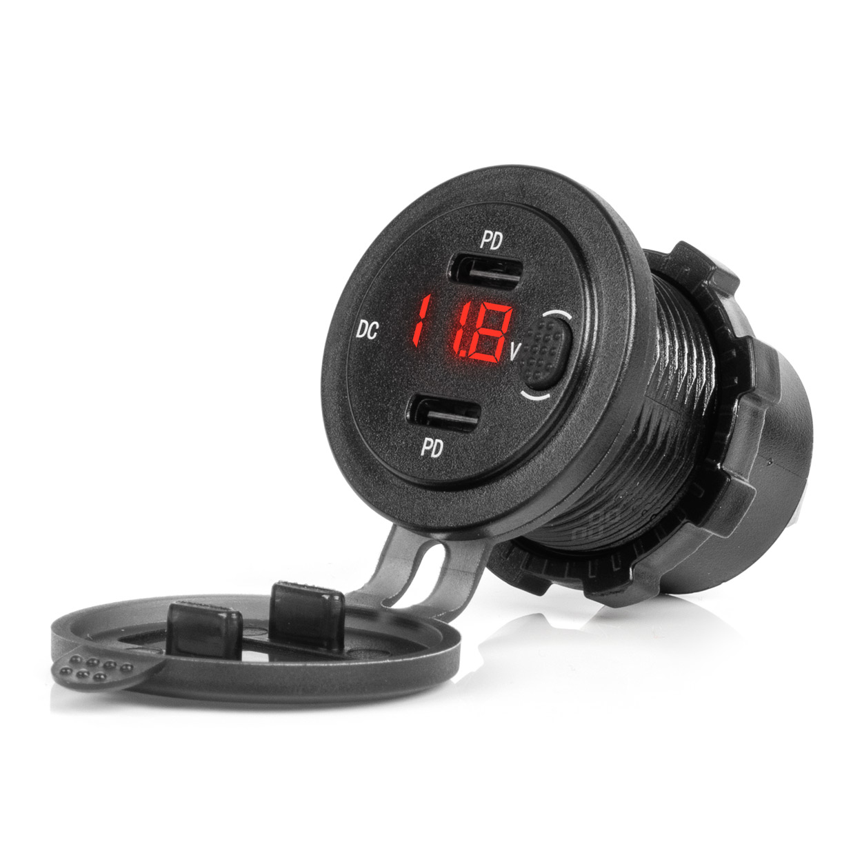 Ūdensizturīgs tālruņa lādētājs ar slēdzi, sarkanu LED indikatoru, digitālo voltmetru, 2xUSB C 12/24V AMIO-04226 Ūdensizturīgs tālruņa lādētājs ar slēdzi, sarkanu LED indikatoru, digitālo voltmetru, 2xUSB C 12/24V AMIO-04226