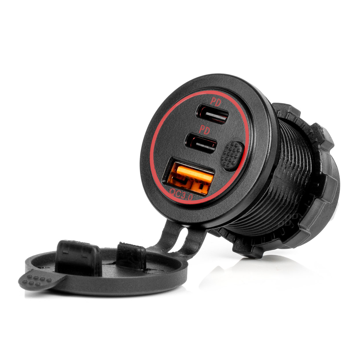 Ūdensizturīgs tālruņa lādētājs ar slēdzi, SARKANU LED fona apgaismojumu, USB + 2xUSB C QC3.0 12/24V AMIO-04227 Ūdensizturīgs tālruņa lādētājs ar slēdzi, SARKANU LED fona apgaismojumu, USB + 2xUSB C QC3.0 12/24V AMIO-04227