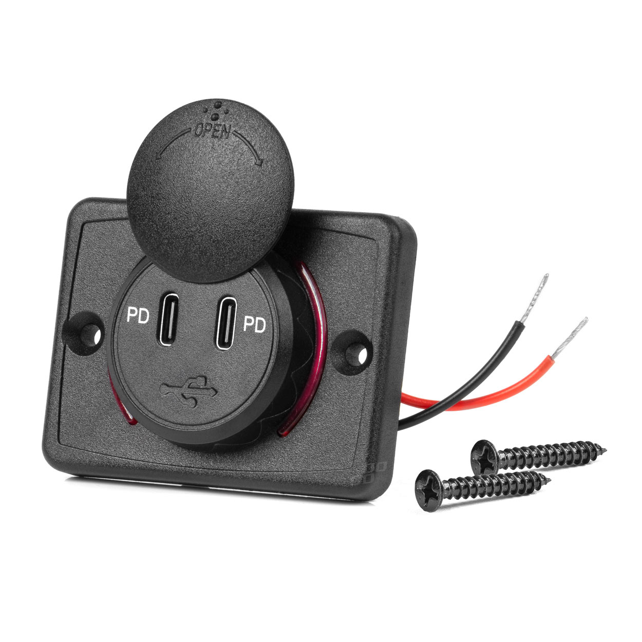 Kvadrātveida ūdensnecaurlaidīgs tālruņa lādētājs ar SARKANU LED fona apgaismojumu 2xUSB C 12/24V AMIO-04232 Kvadrātveida ūdensnecaurlaidīgs tālruņa lādētājs ar SARKANU LED fona apgaismojumu 2xUSB C 12/24V AMIO-04232
