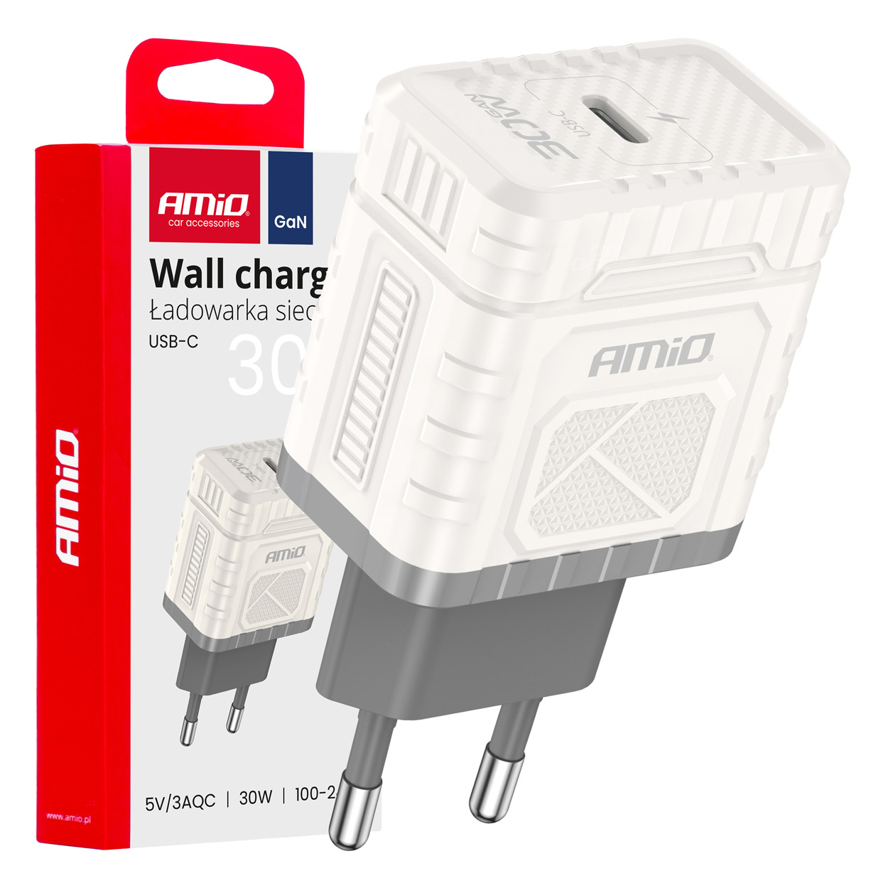Sienas lādētājs Ātrā uzlāde GaN PD 30W USB-C AMIO-04285 Sienas lādētājs Ātrā uzlāde GaN PD 30W USB-C AMIO-04285