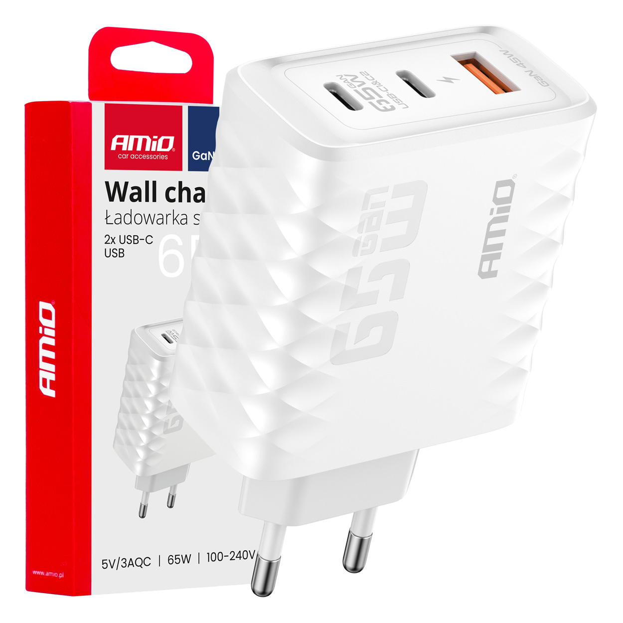 Sienas lādētājs Ātrā uzlāde 65W USB-A + 2xUSB-C AMIO-04289 Sienas lādētājs Ātrā uzlāde 65W USB-A + 2xUSB-C AMIO-04289