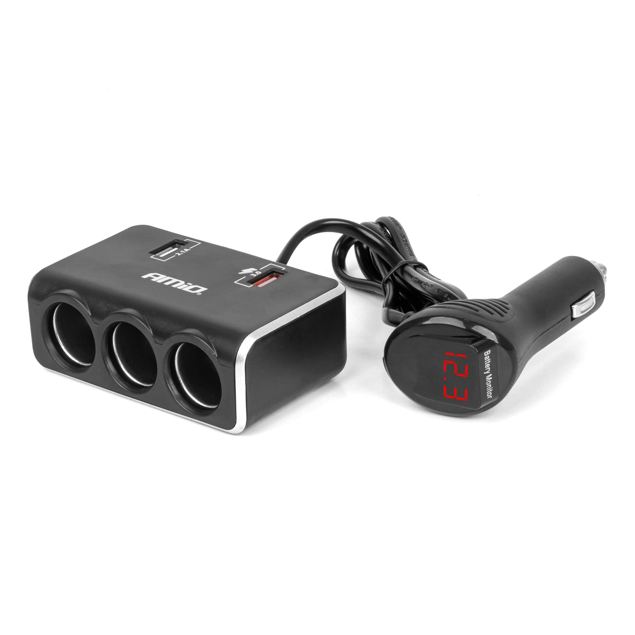 Trīskāršais pagarinātāja lādētājs ar digitālo displeju 2x USB A QC 3.0 12/24V 120W 80cm AMIO-04364 Trīskāršais pagarinātāja lādētājs ar digitālo displeju 2x USB A QC 3.0 12/24V 120W 80cm AMIO-04364