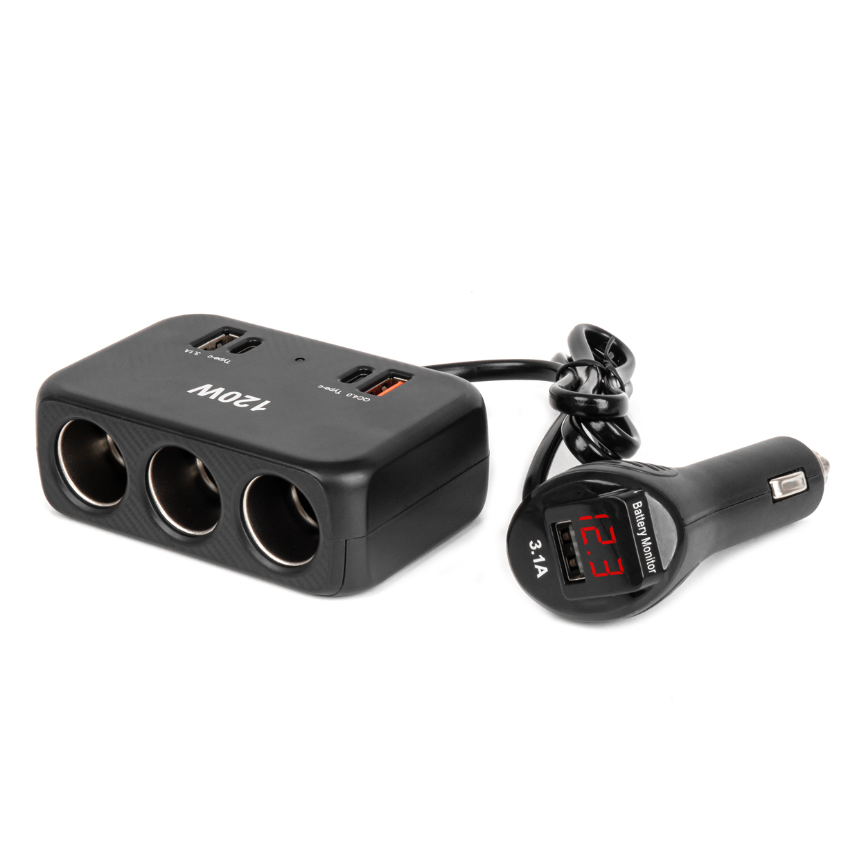 Trīskāršais pagarinātāja lādētājs ar digitālo displeju 2x USB A 1x USB C QC 4.0 12/24V 120W 80cm AMIO-04366 Trīskāršais pagarinātāja lādētājs ar digitālo displeju 2x USB A 1x USB C QC 4.0 12/24V 120W 80cm AMIO-04366