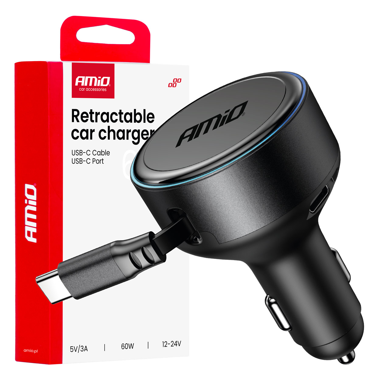 Ievelkams automašīnas lādētājs C kabelis + USB C ports 12/24V 60W AMIO-04368 Ievelkams automašīnas lādētājs C kabelis + USB C ports 12/24V 60W AMIO-04368