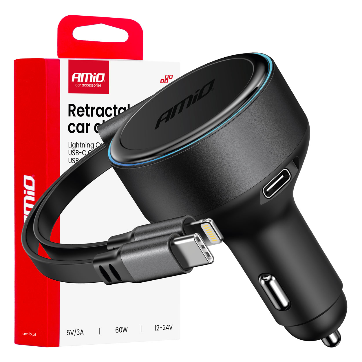 Ievelkams automašīnas lādētājs C kabelis + Lightning kabelis + USB C ports 12/24V 60W AMIO-04370 Ievelkams automašīnas lādētājs C kabelis + Lightning kabelis + USB C ports 12/24V 60W AMIO-04370