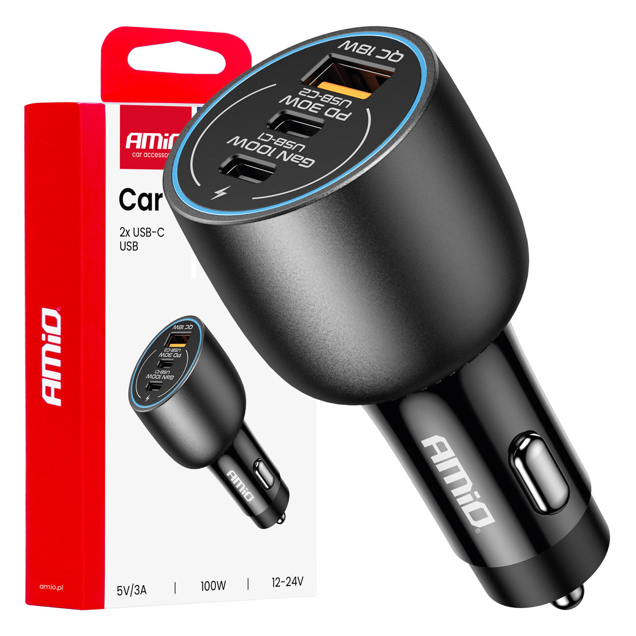 Automašīnas lādētājs 2x USB C porti + USB A ports 12/24V 100W AMIO-04371 Automašīnas lādētājs 2x USB C porti + USB A ports 12/24V 100W AMIO-04371
