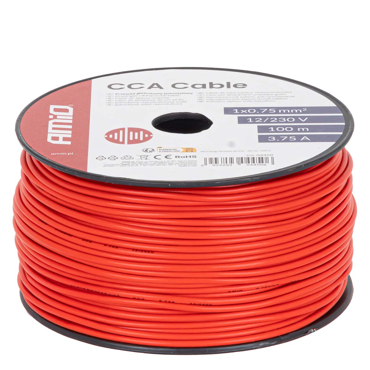 CCA kabelis 1x0.75mm2 100m 3.75A 12/230V AMIO-04450 CCA kabelis 1x0.75mm2 100m 3.75A 12/230V AMIO-04450