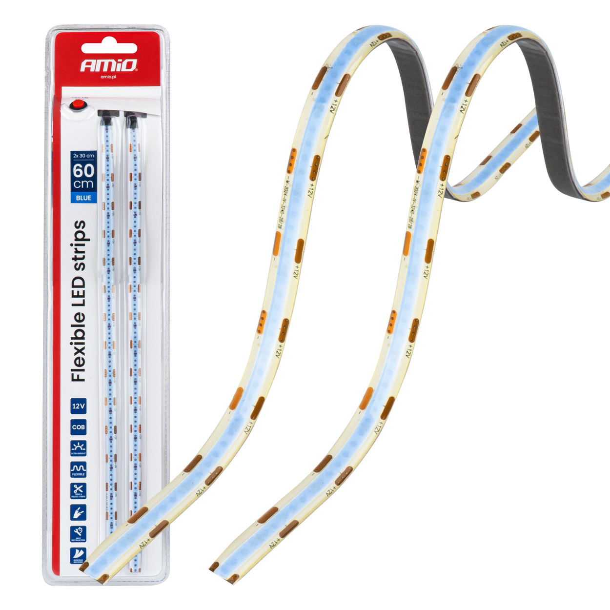 Elastīgas LED COB lentes, zilas 2x30 cm 12 V AMIO-04571 Elastīgas LED COB lentes, zilas 2x30 cm 12 V AMIO-04571