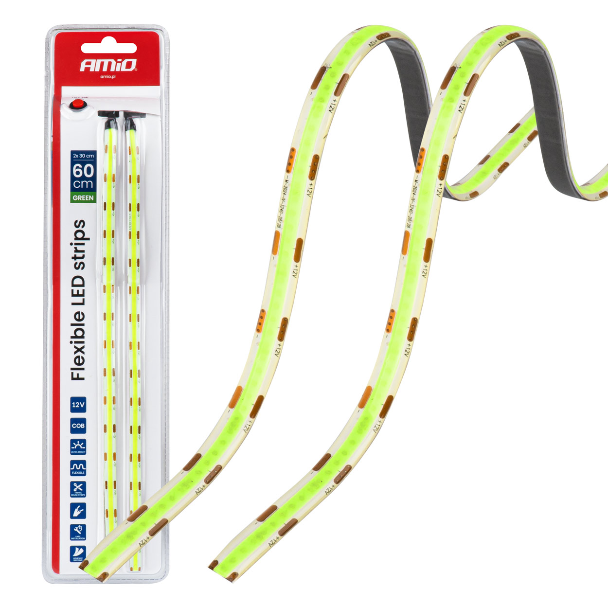 Elastīgas LED COB lentes, zaļas, 2x30 cm, 12 V, AMIO-04573 Elastīgas LED COB lentes, zaļas, 2x30 cm, 12 V, AMIO-04573