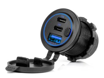 Ūdensizturīgs tālruņa lādētājs ar slēdzi, ZILU LED fona apgaismojumu, USB + 2xUSB C QC3.0 12/24V AMIO-04596