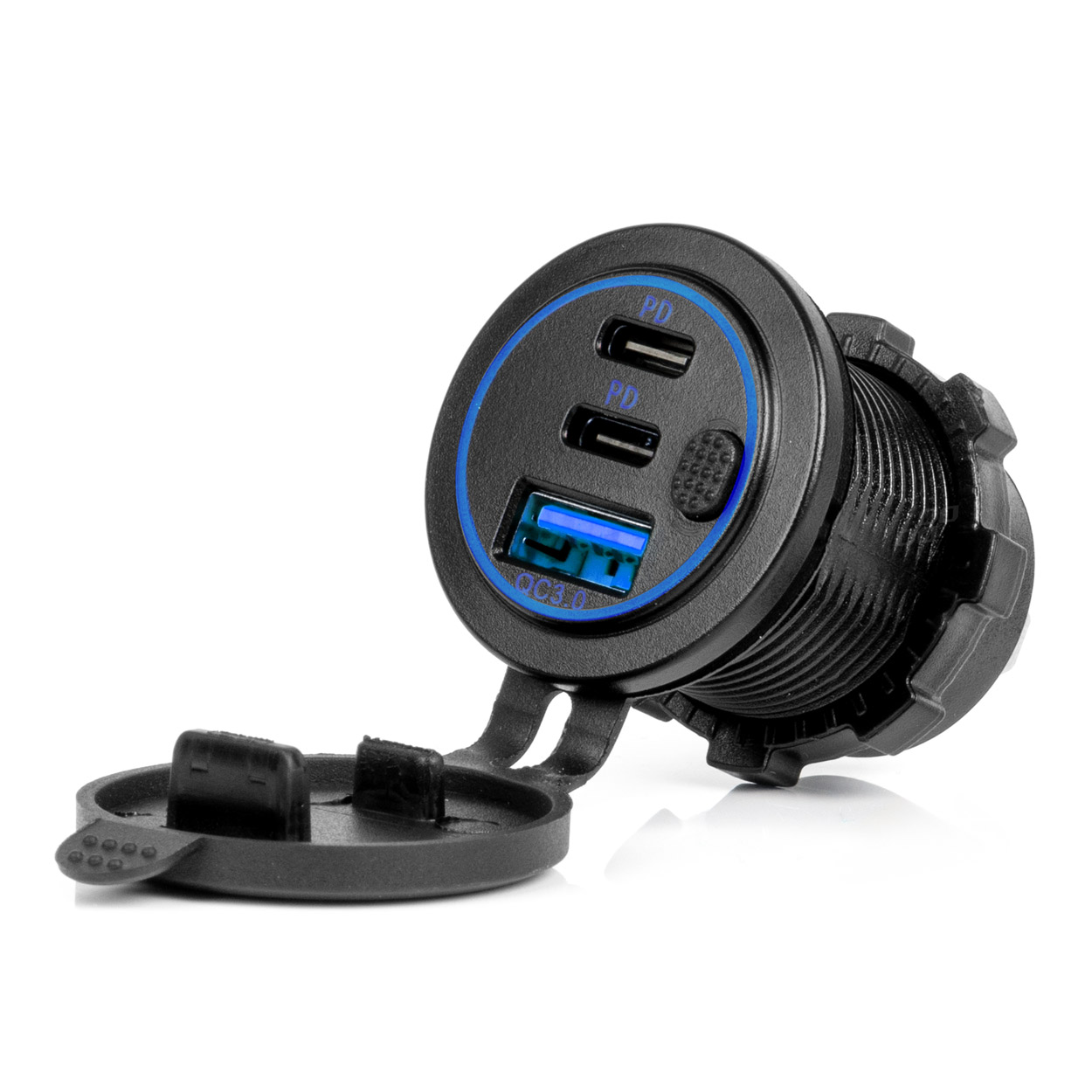 Ūdensizturīgs tālruņa lādētājs ar slēdzi, ZILU LED fona apgaismojumu, USB + 2xUSB C QC3.0 12/24V AMIO-04596 Ūdensizturīgs tālruņa lādētājs ar slēdzi, ZILU LED fona apgaismojumu, USB + 2xUSB C QC3.0 12/24V AMIO-04596