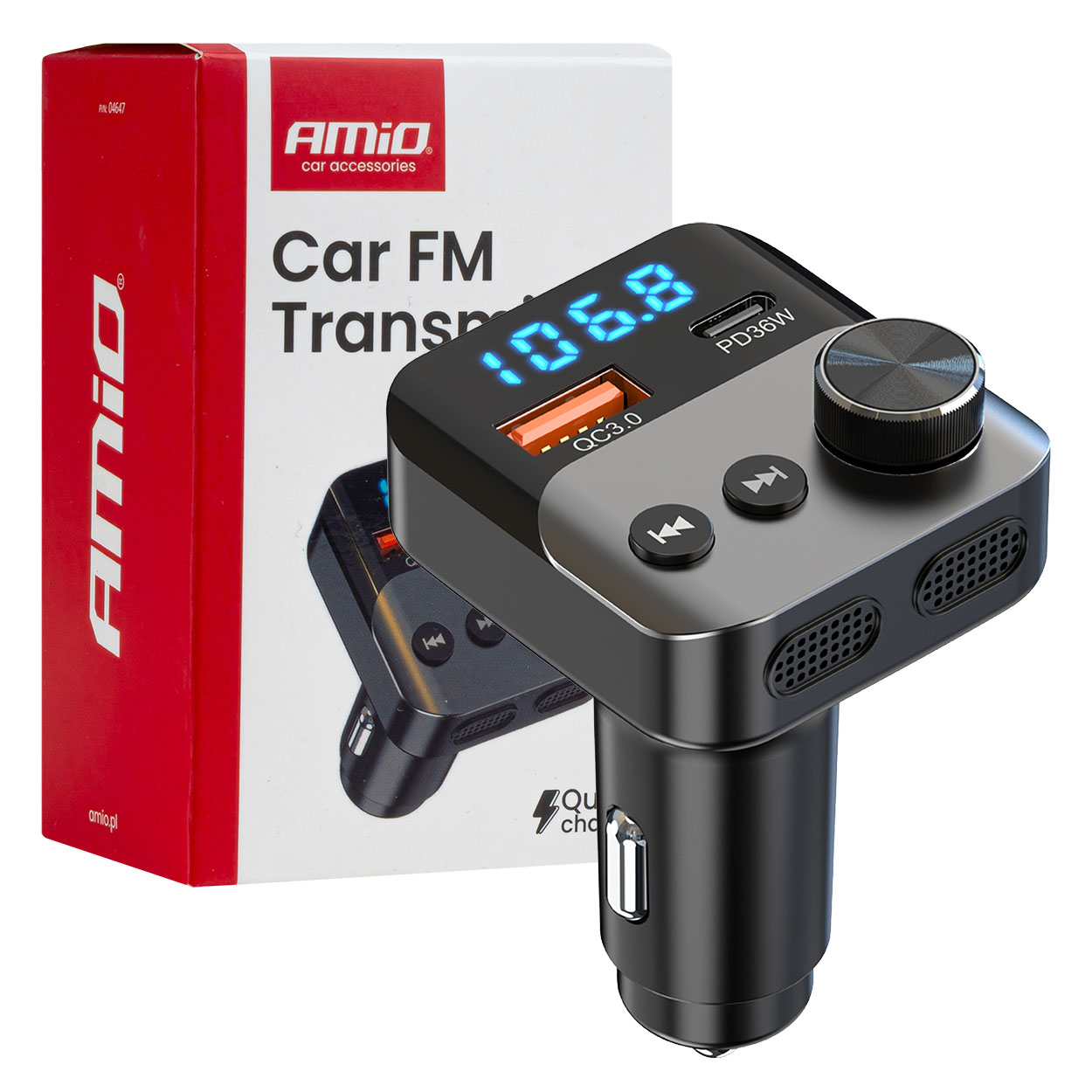 Automašīnas FM raidītājs 1×USB-A 1×USB-C 12V 24V AMIO-04647 Automašīnas FM raidītājs 1×USB-A 1×USB-C 12V 24V AMIO-04647