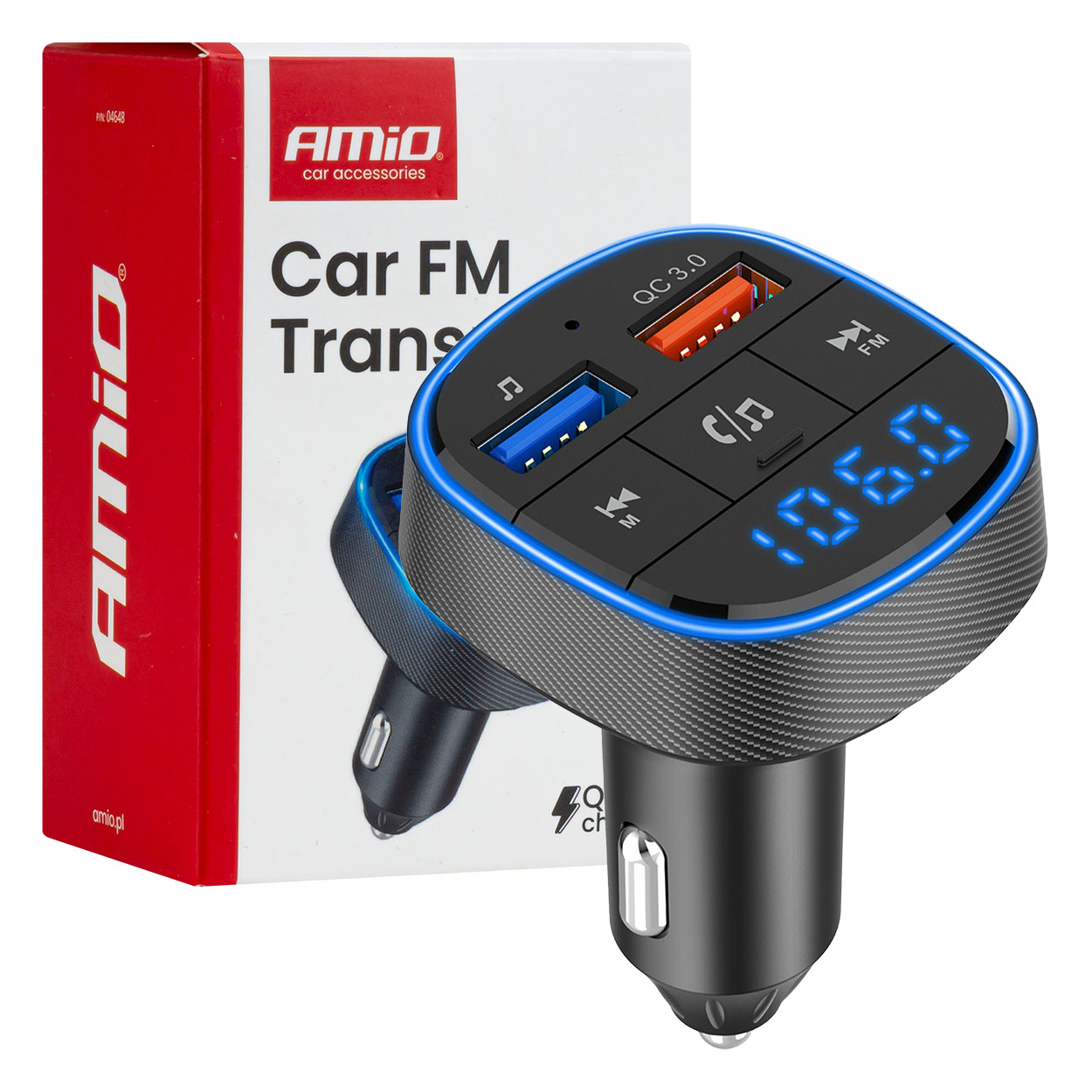 Automašīnas FM raidītājs 2×USB-A 12V 24V AMIO-04648 Automašīnas FM raidītājs 2×USB-A 12V 24V AMIO-04648