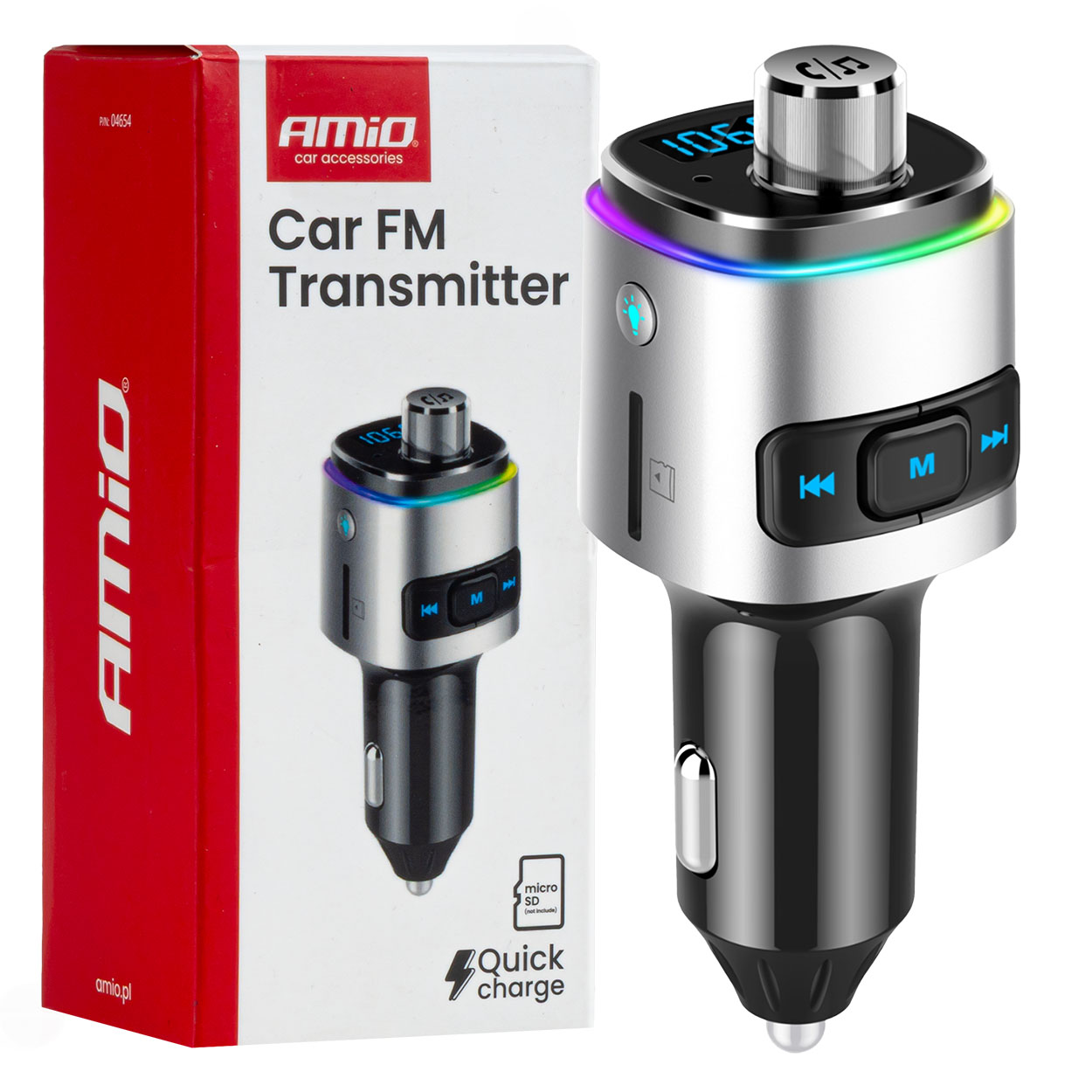 Automašīnas FM raidītājs 2×USB-A microSD 12V 24V AMIO-04654 Automašīnas FM raidītājs 2×USB-A microSD 12V 24V AMIO-04654