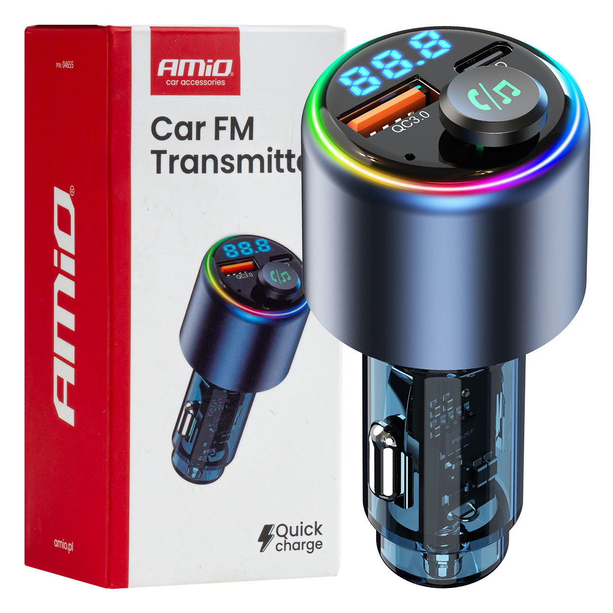 Automašīnas FM raidītājs 1×USB-A 1×USB-C 12V 24V AMIO-04655 Automašīnas FM raidītājs 1×USB-A 1×USB-C 12V 24V AMIO-04655