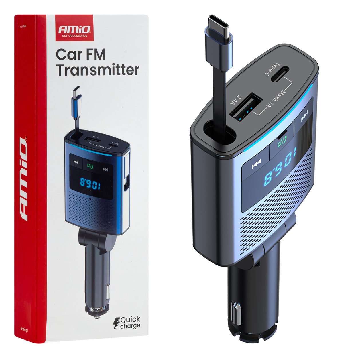 Automašīnas FM raidītājs 1×USB-A 1×USB-C 12V 24V AMIO-04656 Automašīnas FM raidītājs 1×USB-A 1×USB-C 12V 24V AMIO-04656