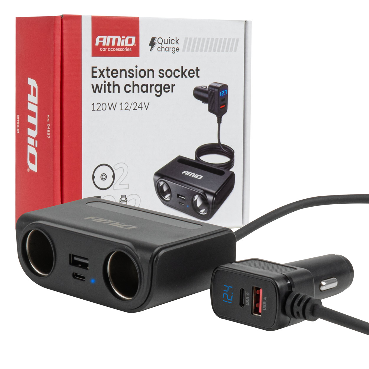 Pagarinātāja ligzda ar lādētāju USB-C USB-A QC3.0 PD3.0 120W AMIO-04837 Pagarinātāja ligzda ar lādētāju USB-C USB-A QC3.0 PD3.0 120W AMIO-04837
