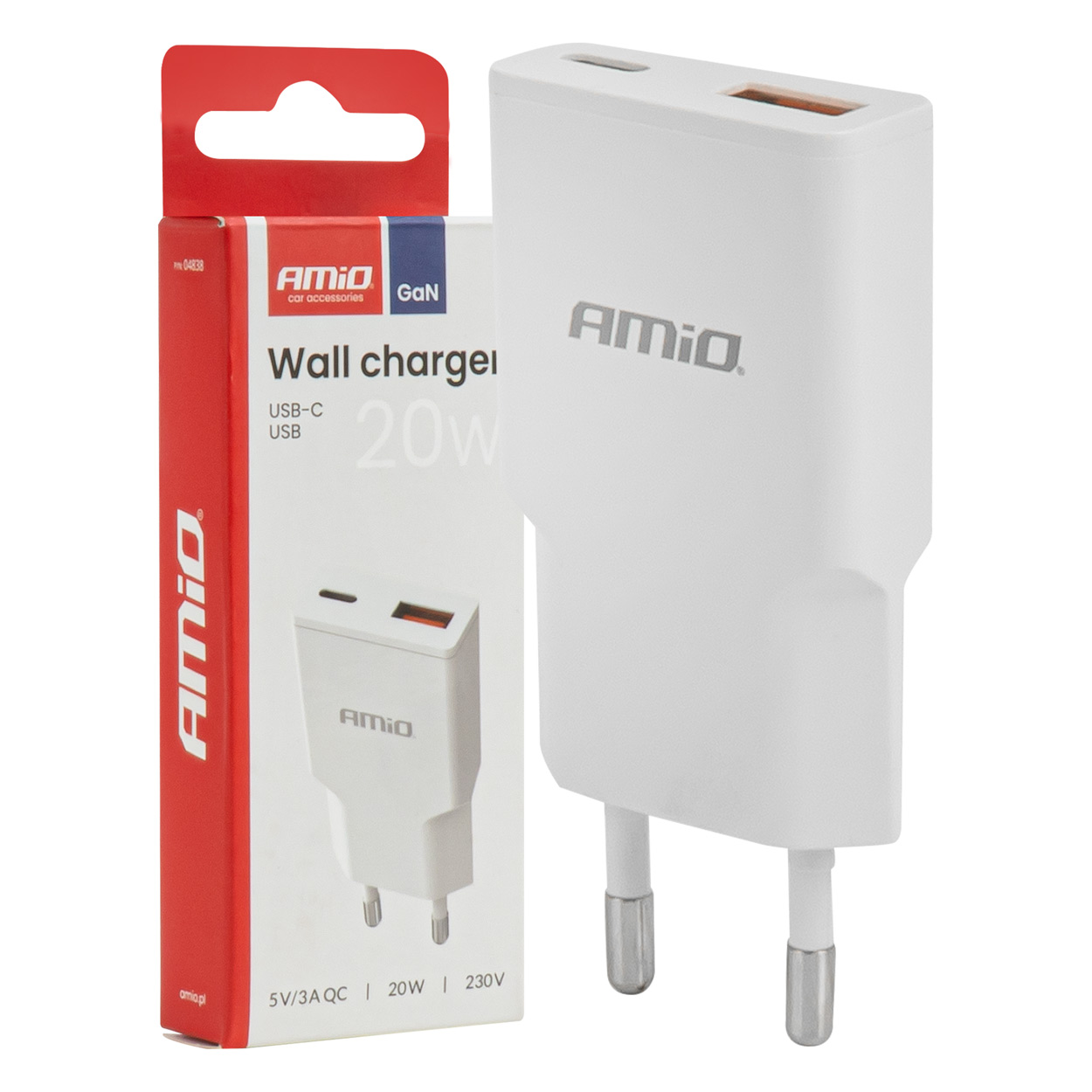 Sienas lādētājs 230V 20W GaN USB-C USB-A AMIO-04838 Sienas lādētājs 230V 20W GaN USB-C USB-A AMIO-04838