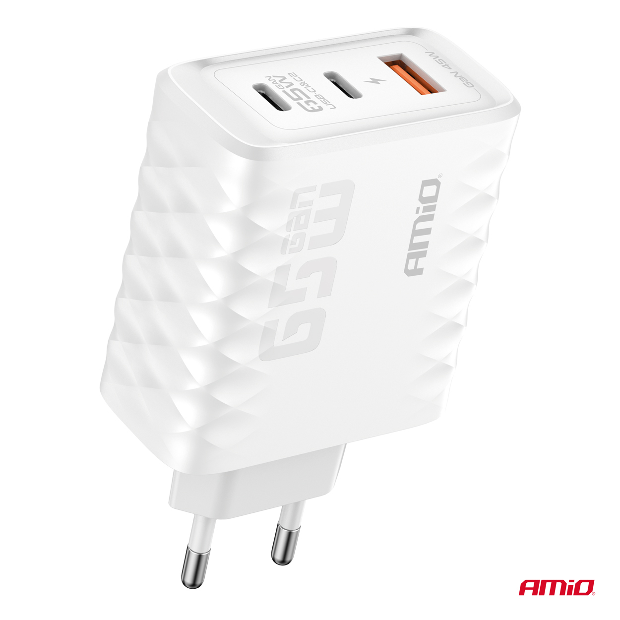 Sienas lādētājs Ātrā uzlāde 65W USB-A + 2xUSB-C AMIO-04289 Sienas lādētājs Ātrā uzlāde 65W USB-A + 2xUSB-C AMIO-04289 - Image 2