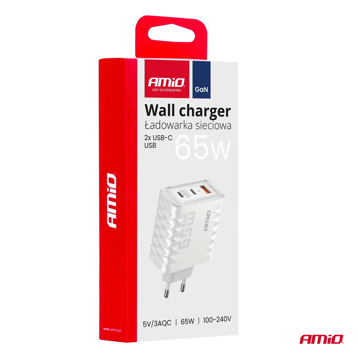 Sienas lādētājs Ātrā uzlāde 65W USB-A + 2xUSB-C AMIO-04289 Sienas lādētājs Ātrā uzlāde 65W USB-A + 2xUSB-C AMIO-04289 - Image 3