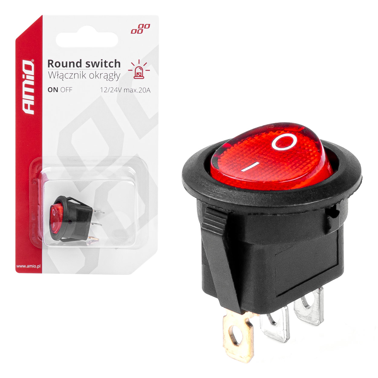 Apaļš slēdzis ar sarkanu gaismu 12/24V max 20A IESLĒGTS/IZSLĒGTS AMIO-03086 Apaļš slēdzis ar sarkanu gaismu 12/24V max 20A IESLĒGTS/IZSLĒGTS AMIO-03086