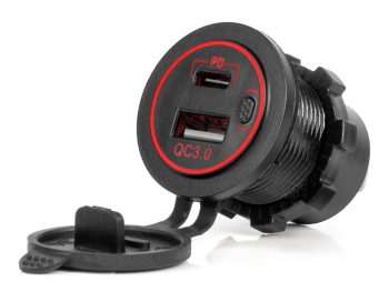 12/24 V ūdensnecaurlaidīgs tālruņa lādētājs ar SARKANU LED fona apgaismojumu, 2xUSB QC3.0 AMIO-04221