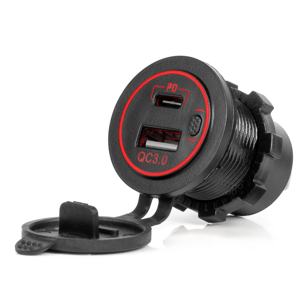 12/24 V ūdensnecaurlaidīgs tālruņa lādētājs ar SARKANU LED fona apgaismojumu, 2xUSB QC3.0 AMIO-04221 12/24 V ūdensnecaurlaidīgs tālruņa lādētājs ar SARKANU LED fona apgaismojumu, 2xUSB QC3.0 AMIO-04221
