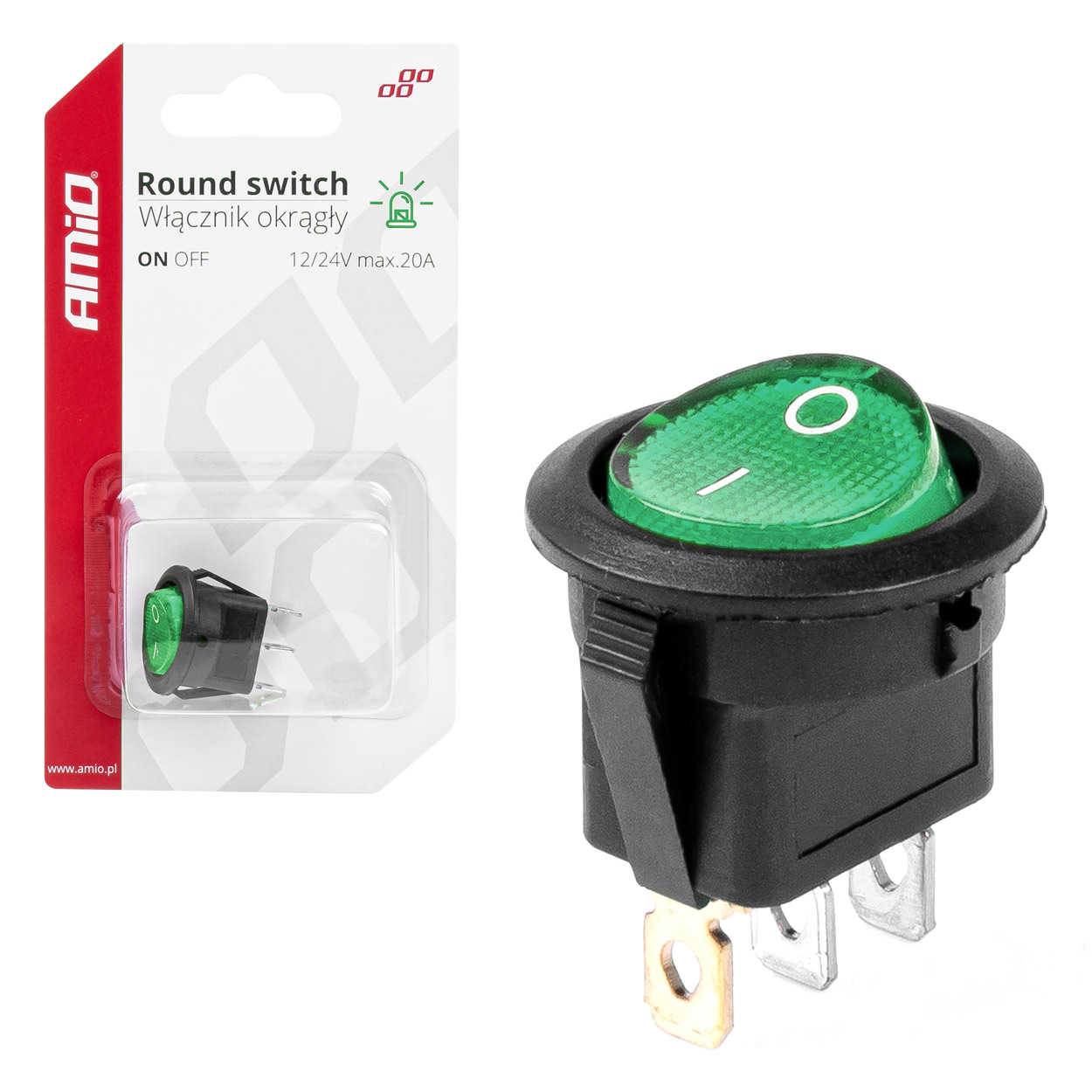 Apaļš slēdzis ar zaļu gaismu 12/24V 20A IESLĒGTS/IZSLĒGTS AMIO-03084 Apaļš slēdzis ar zaļu gaismu 12/24V 20A IESLĒGTS/IZSLĒGTS AMIO-03084